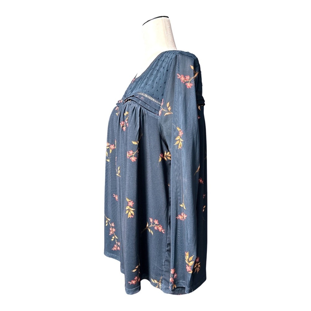 Daniel Rainn Floral Swiss Dot Split Neck Blouse Teal Blue 1X - Picture 3 of 7